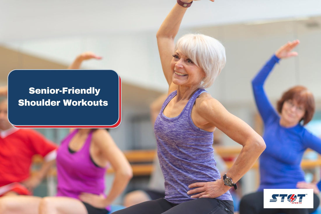 senior woman doing Shoulder exercises for seniors with other seniors at the gym
